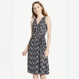 Ann Taylor Forest Green, Navy and White Ikat Chevron Wrap Tie Dress